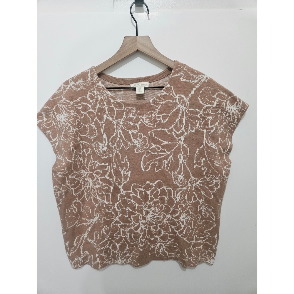 Cynthia Rowley Tan White Floral Knit Sweater Vest Cap Sleeve XL